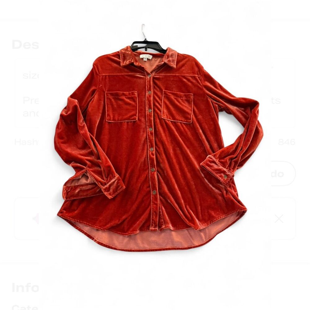 Umgee USA Women's 1XL Orange Velvet Button-Up Shirt Long Sleeve Casual